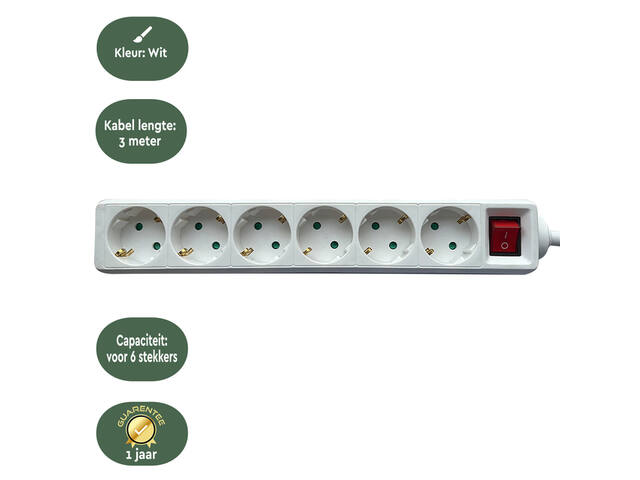 Stekkerdoos BRASQ  6 voudig 3 meter wit