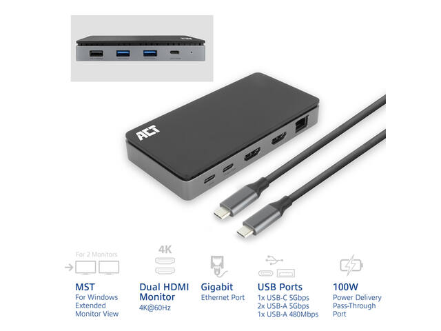 USB-C 4K MST dockingstation voor 2 HDMI-monitoren