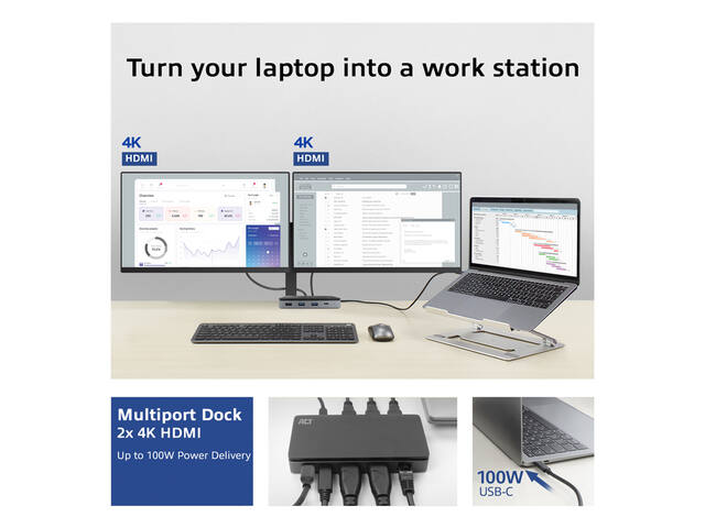 USB-C 4K MST dockingstation voor 2 HDMI-monitoren