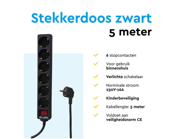 Stekkerdoos BRASQ 6 voudig 5 meter zwart