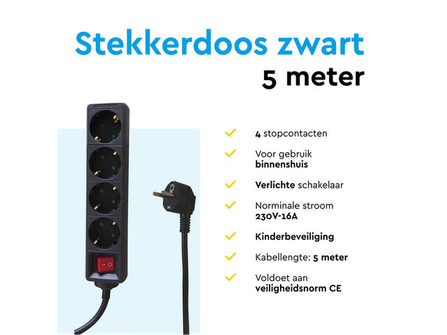 Stekkerdoos BRASQ 4 voudig 5 meter zwart