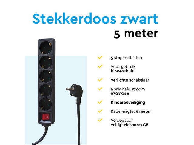 Stekkerdoos BRASQ 5 voudig 5 meter zwart