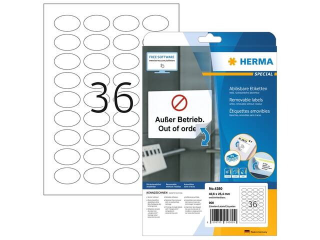 Etiket HERMA 4380 ovaal 40.6x25.4mm wit 900st