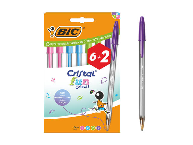 Balpen Bic Cristal fun  6+2 gratis L assorti