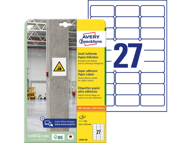 Etiket Avery L7874-20 63.5x29.6mm 540st