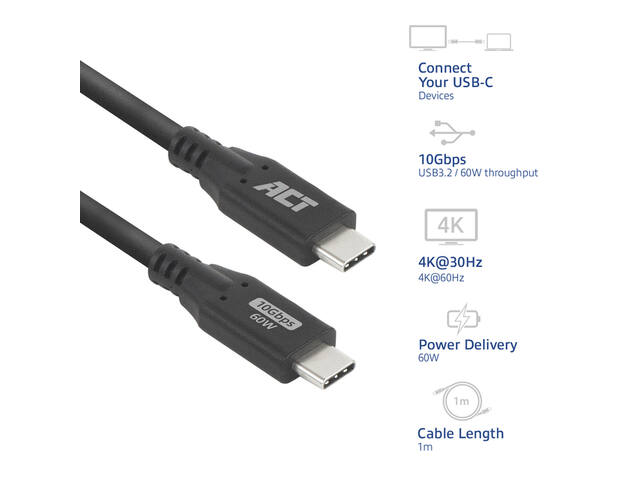 Kabel ACT USB-C 3.0 10Gbps 60W USB 1 meter