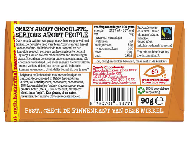 Chocolade Tony Chocolonely melk karamel zee 90gr