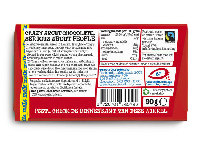 Chocolade Tony Chocolonely melk 90 gram