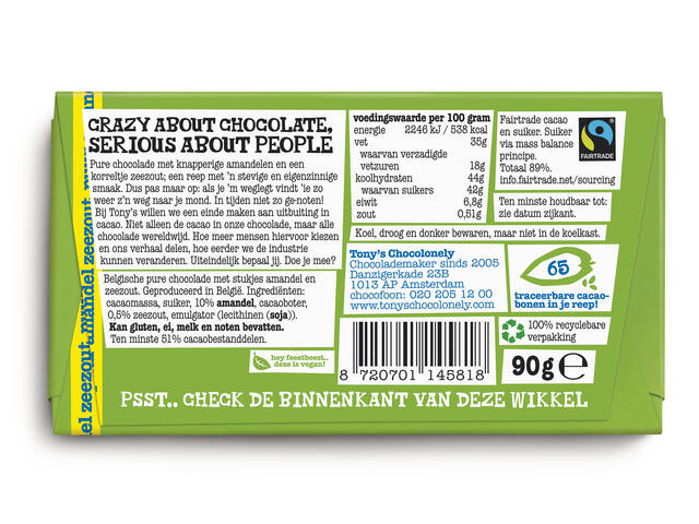 Chocolade Tony Chocolonely puur amandel zee 90gr