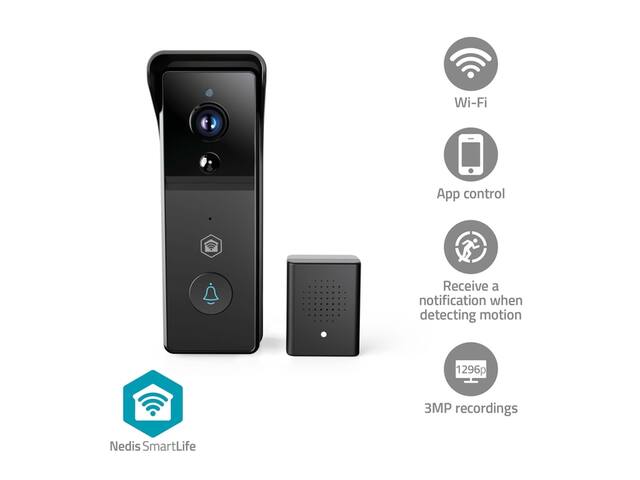 Videodeurbel Nedis Wifi 3MP Full HD zwart