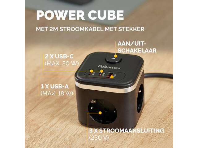 Stekkerblok Fellowes PCF 3v 1xUSB A 2xC 2m zwart