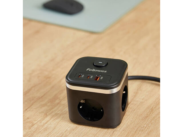 Stekkerblok Fellowes PCF 3v 1xUSB A 2xC 2m zwart