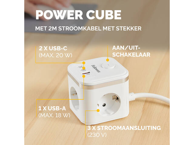 Stekkerblok Fellowes PCF 3v 1xUSB A 2xC 2m wit