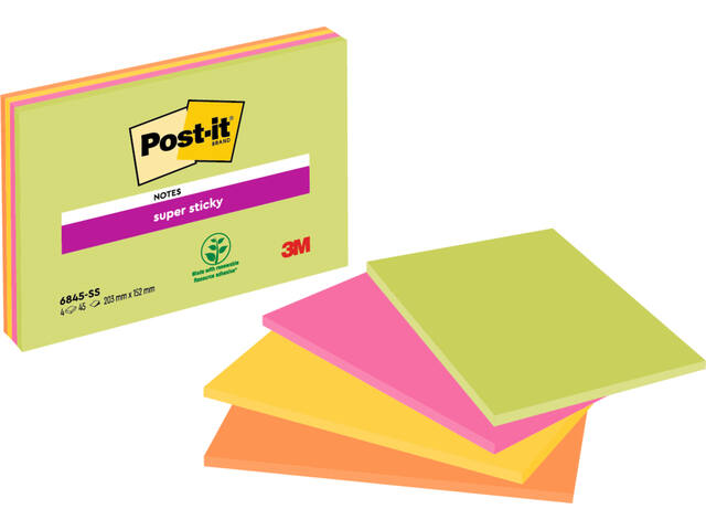 Memoblok Post-it 6845 Super Sticky 203x152mm ass