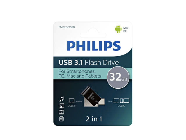 USB stick 3.1 Philips 2in1 USB-C USB-A 32GB zwart