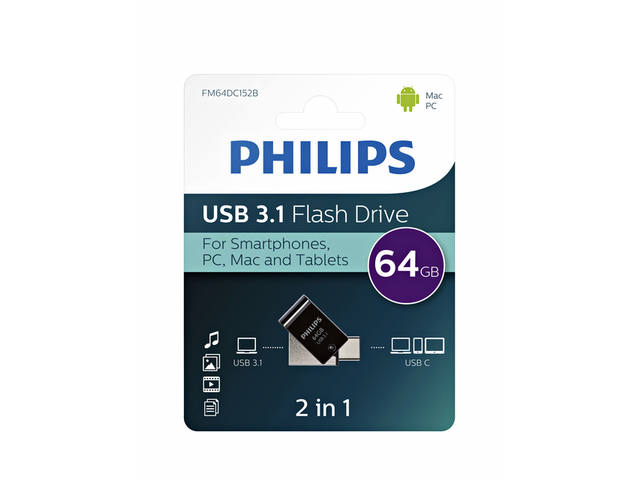 USB stick 3.1 Philips 2in1 USB-C USB-A 64GB zwart
