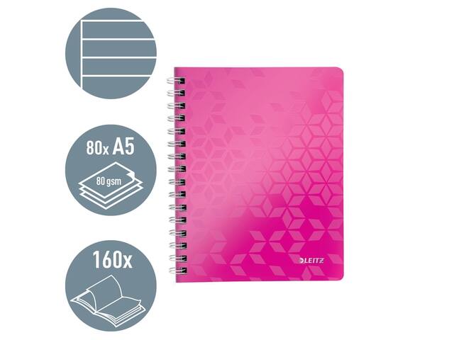 Notitieboek Leitz WOW A5 spiraal 160pg lijn roze
