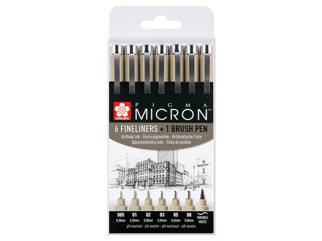 Fineliner Sakura Pigma Micron 6 stuks met brushpen