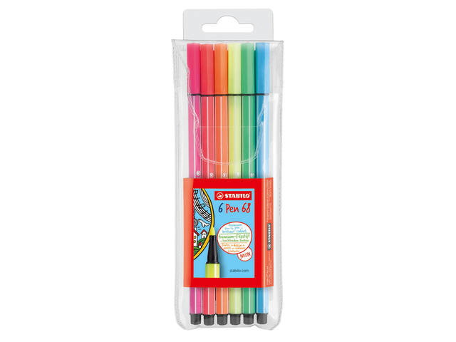 Viltstift STABILO Pen 68/6 M fluor ass 6st