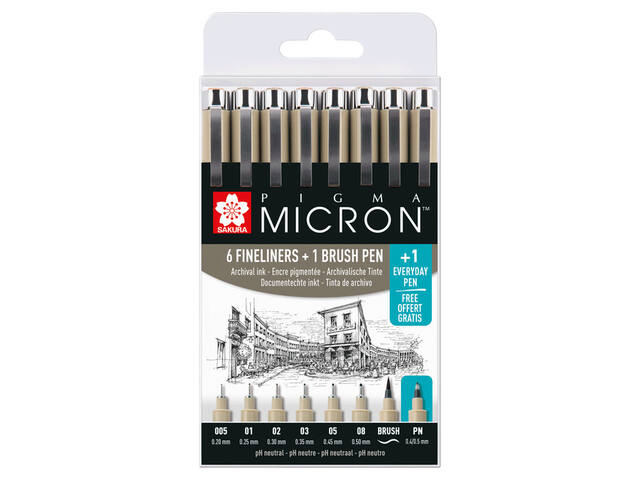 Fineliner Sakura PM 6 breedtes brushpen PN zwart