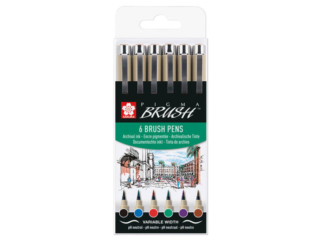 Brushpen Sakura Pigma Brush set 6 stuks zwart