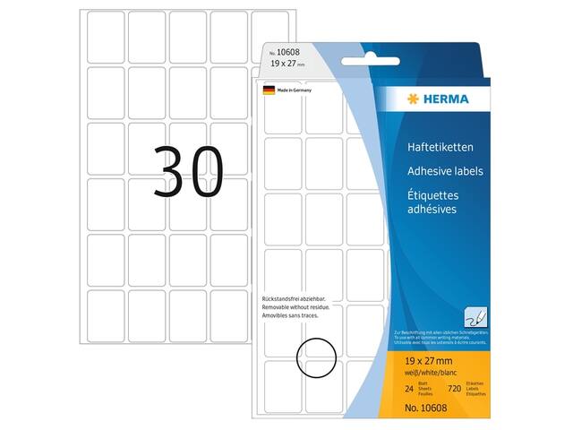 Etiket HERMA 10608 19x27mm verwijderbaar wit 720st