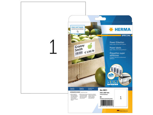 Etiket HERMA Power 10911 210x297mm wit 25st