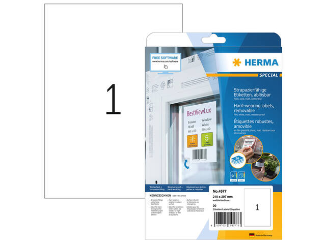 Etiket HERMA 4577 210x297mm A4 folie wit 20st