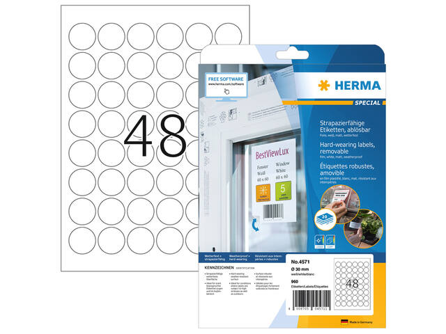Etiket HERMA 4571 30mm rond folie wit 960st