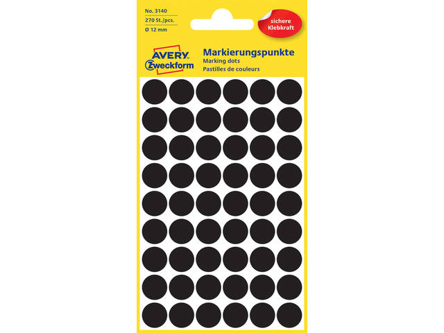 Etiket Avery 3140 rond 12mm zwart 270st