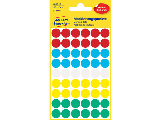 Etiket Avery 3088 rond 12mm assorti 270st