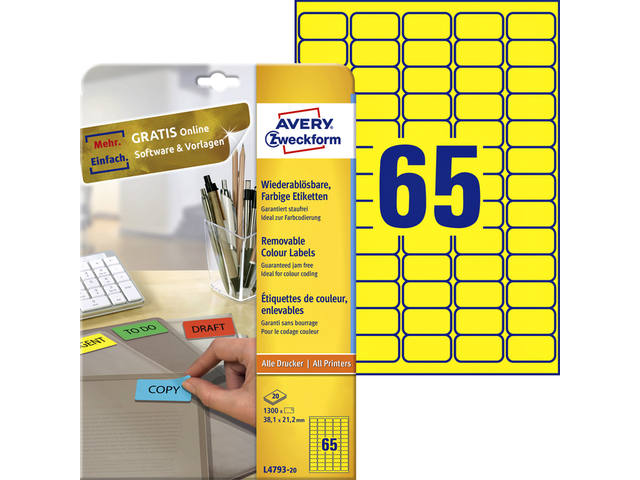 Etiket Avery L4793-20 38.1x21.2mm geel 1300st