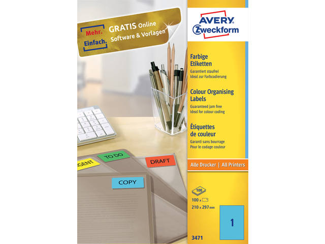 Etiket Avery 3471 210x297mm A4 blauw 100st