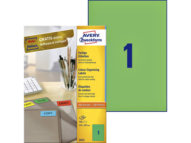 Etiket Avery 3472 210x297mm A4 groen 100st