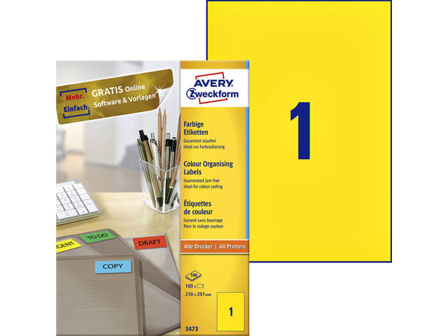 Etiket Avery 3473 210x297mm A4 geel 100st