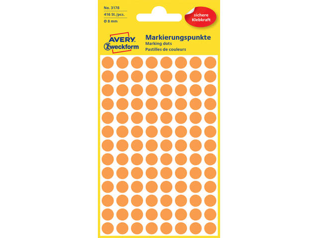 Etiket Avery 3178 rond 8mm oranje 416st