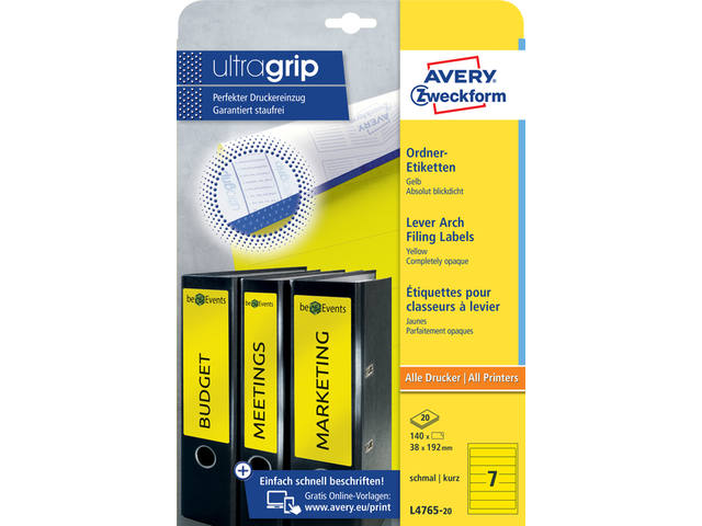 Rugetiket Avery smal 38x192mm zelfklevend geel
