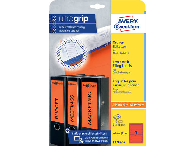 Rugetiket Avery smal 38x192mm zelfklevend rood
