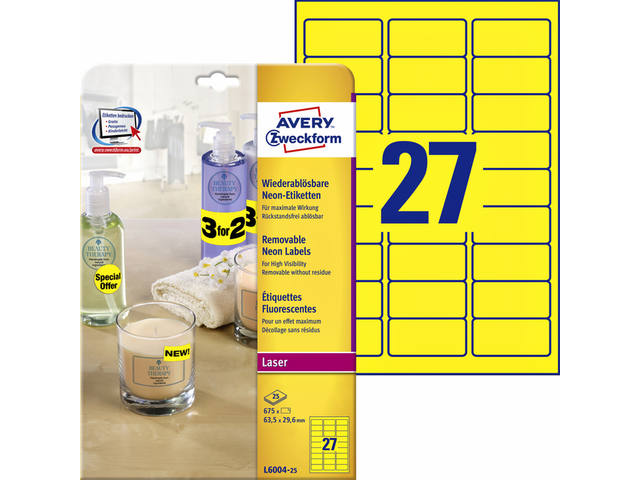 Etiket Avery L6004-25 63.5x29.6 neon geel 675st