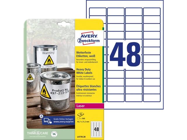 Etiket Avery L4778-20 45.7x21.2mm wit 960st