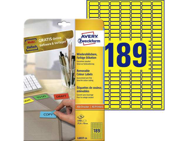Etiket Avery L6037-20 25.4x10mm geel 3780st