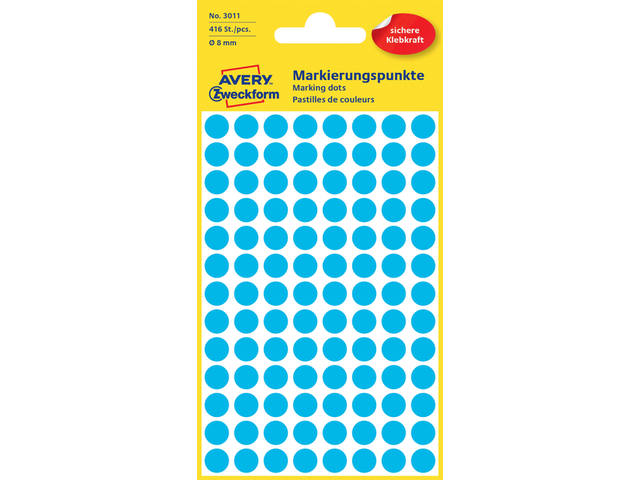 Etiket Avery 3011 rond 8mm blauw 416st