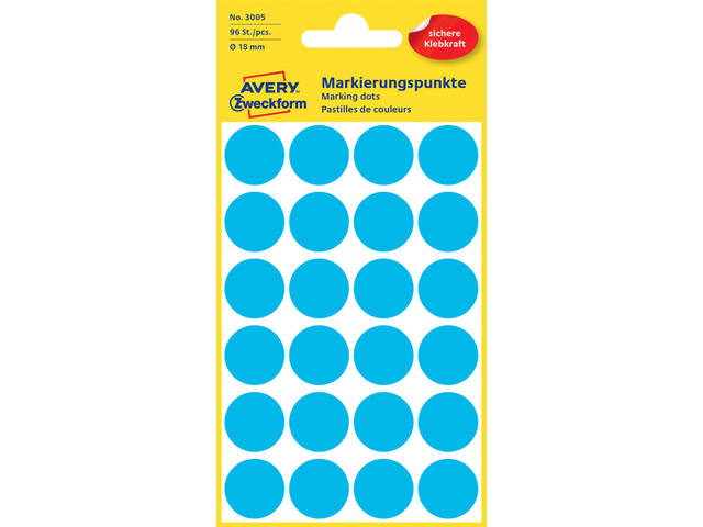 Etiket Avery 3005 rond 18mm blauw 96st