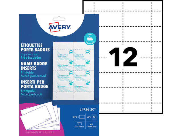 Badgekaart Avery L4726-20 40x75mm perf 20vel