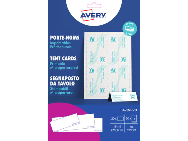 Tentkaart Avery L4796-20 210x60mm wit 20st