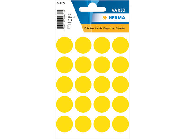 Etiket HERMA 1871 rond 19mm geel 100st
