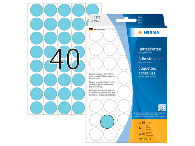 Etiket HERMA 2253 rond 19mm blauw 1280st