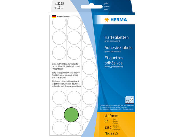 Etiket HERMA 2255 rond 19mm groen 1280st