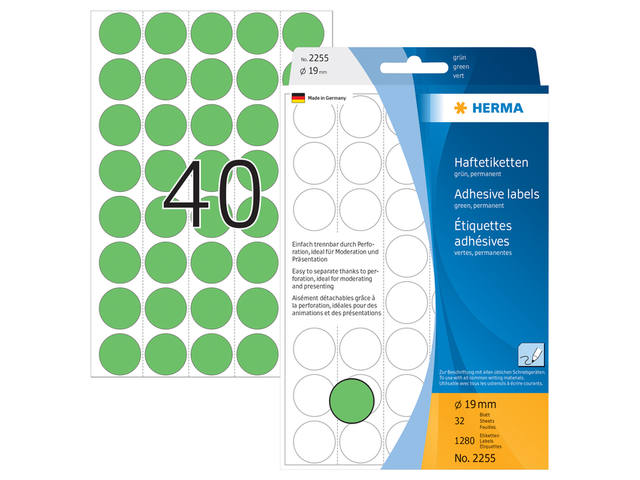 Etiket HERMA 2255 rond 19mm groen 1280st