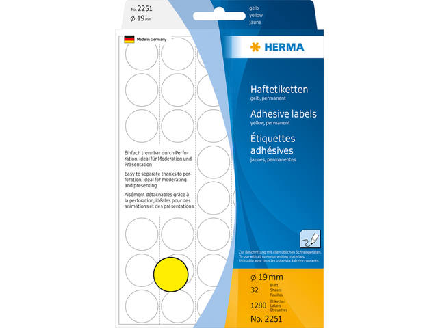 Etiket HERMA 2251 rond 19mm geel 1280st